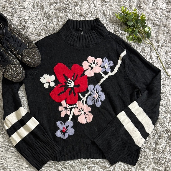 H&M Black Mock Neck Sweater with Floral Design size M - Picture 1 of 6